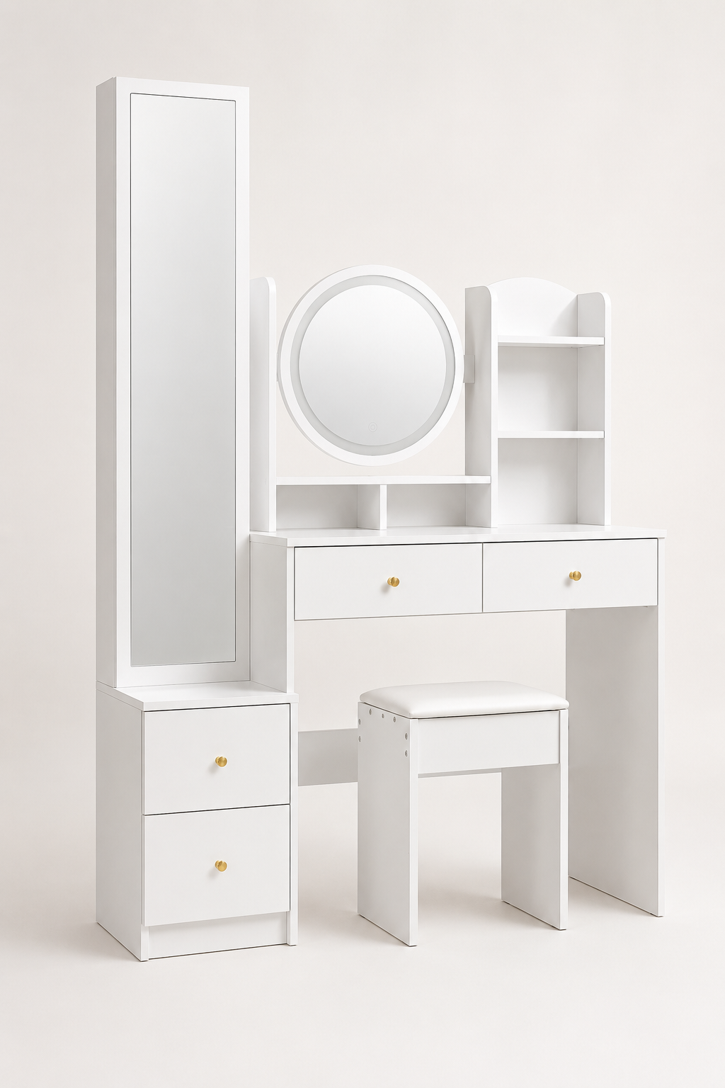 Coiffeuse 4-en-1 Miroir LED Pleine Longueur 4 Tiroirs Tabouret
