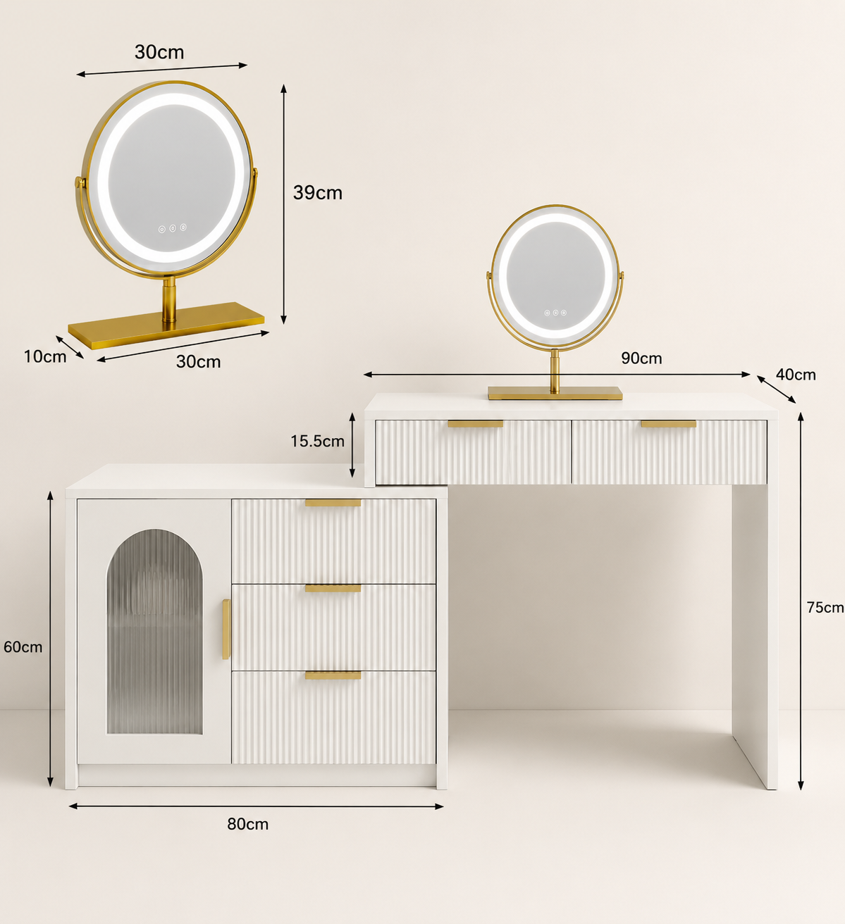 Coiffeuse Extensible Plateau Verre Miroir LED Design Cannelé