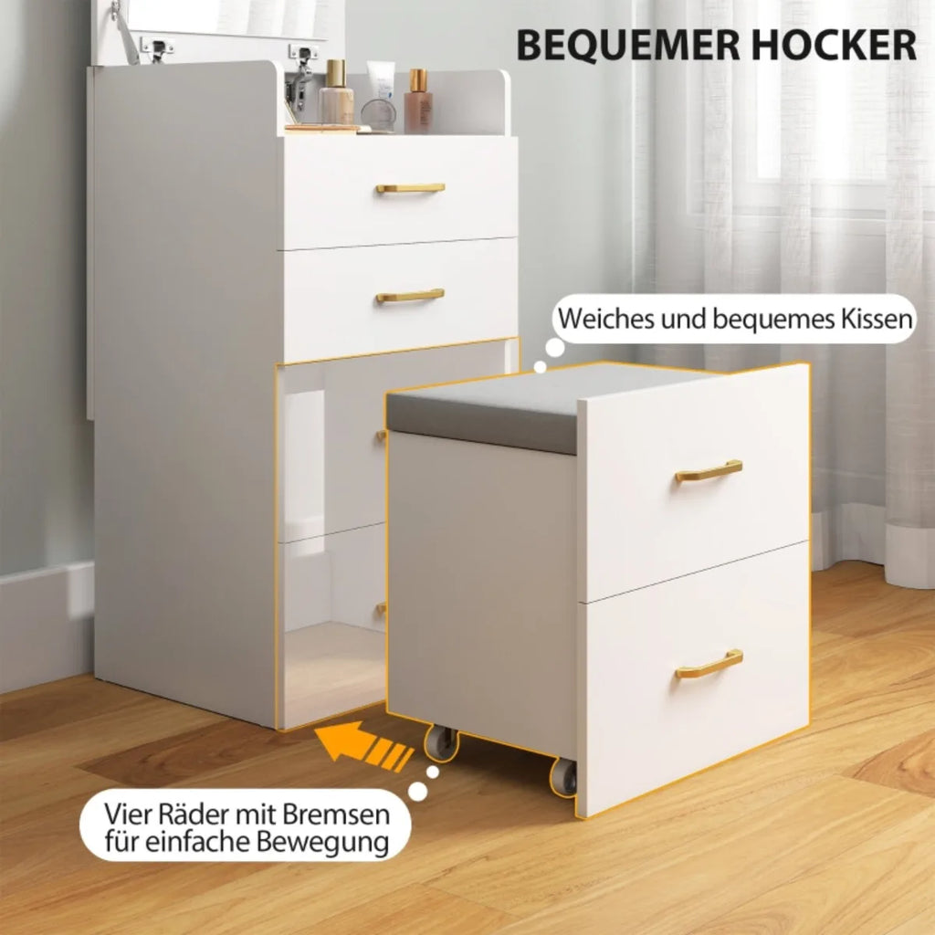Coiffeuse blanche 3-en-1 avec tabouret
