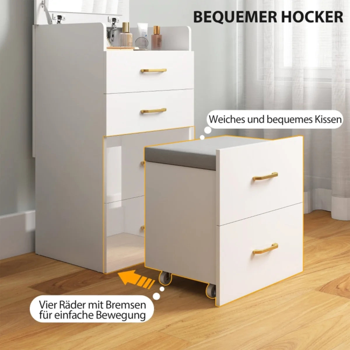 Coiffeuse blanche 3-en-1 avec tabouret