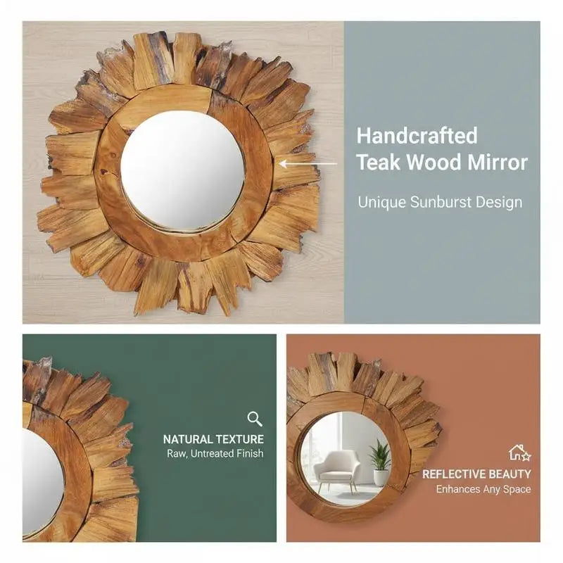 Miroir rond teck cadre pétales