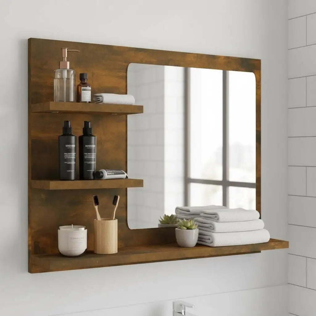 Miroir salle de bain tablette chêne fumé