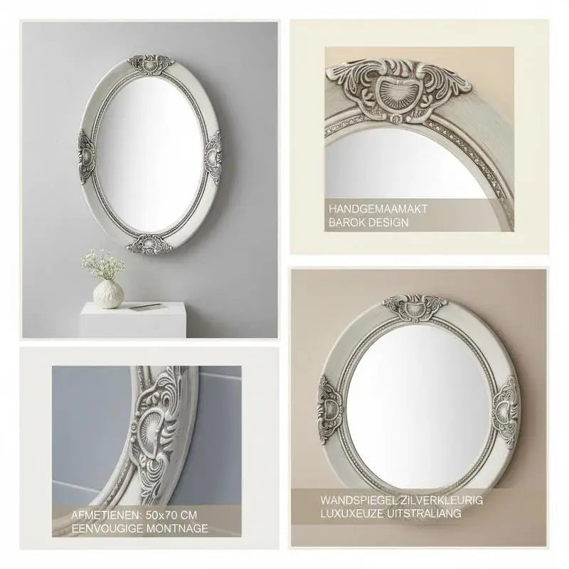 Miroir baroque ovale argenté bois