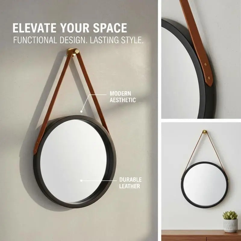 Miroir rond sangle cuir vintage
