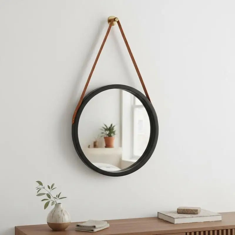 Miroir rond sangle cuir vintage
