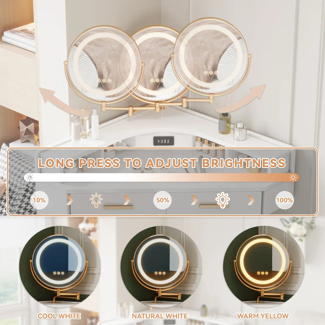 Coiffeuse d'angle blanche miroir LED