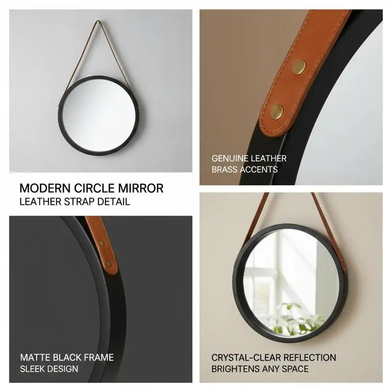 Miroir rond sangle cuir vintage