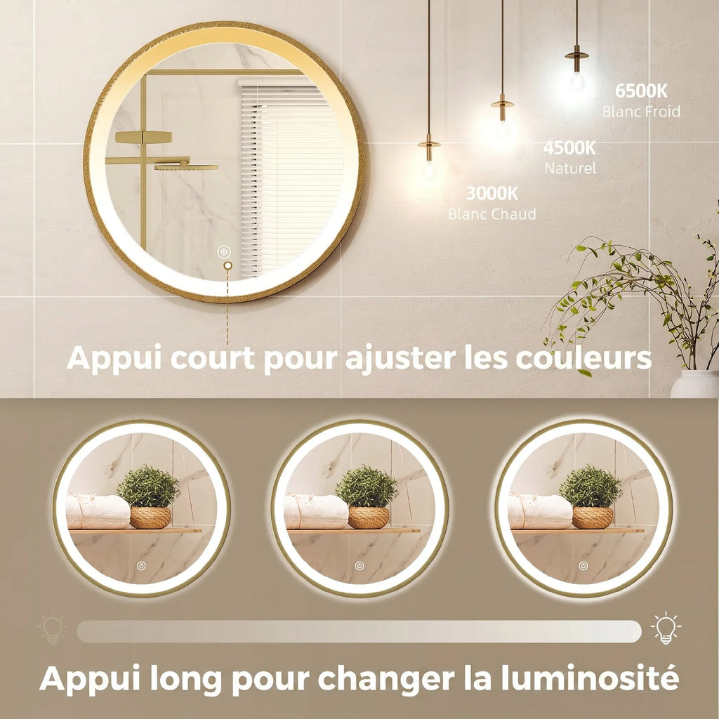Miroir rond LED doré variateur