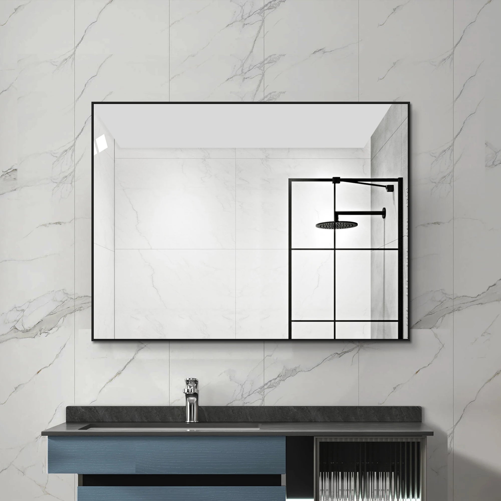 Miroir mural rectangulaire cadre aluminium noir 60x80 cm