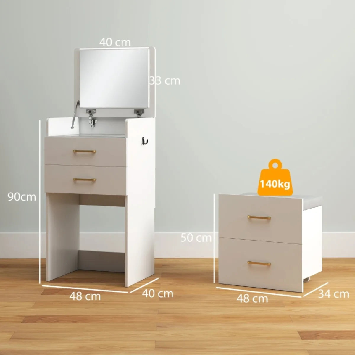 Coiffeuse blanche 3-en-1 avec tabouret