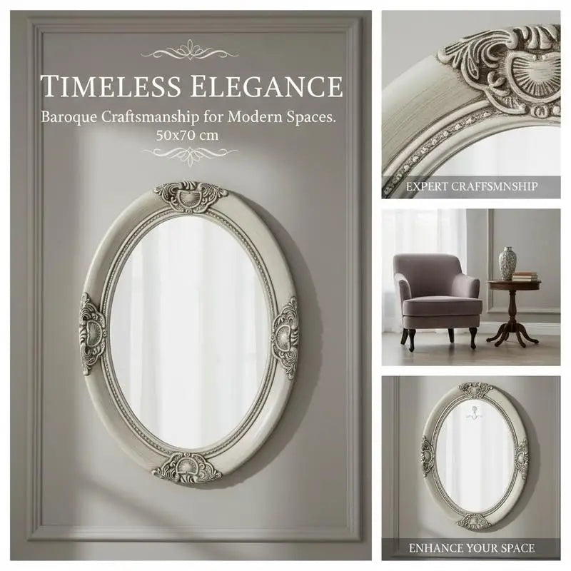 Miroir baroque ovale argenté bois