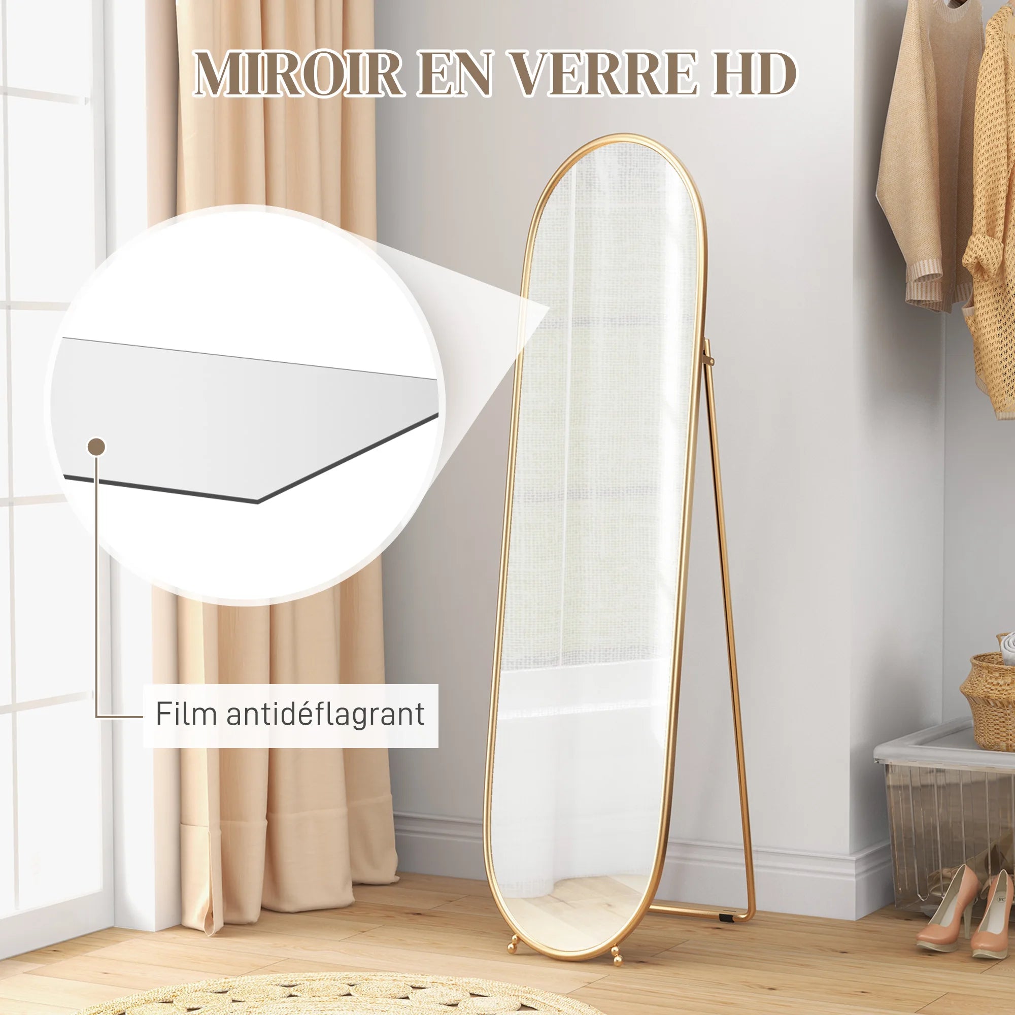 Grand miroir sur pied ovale doré
