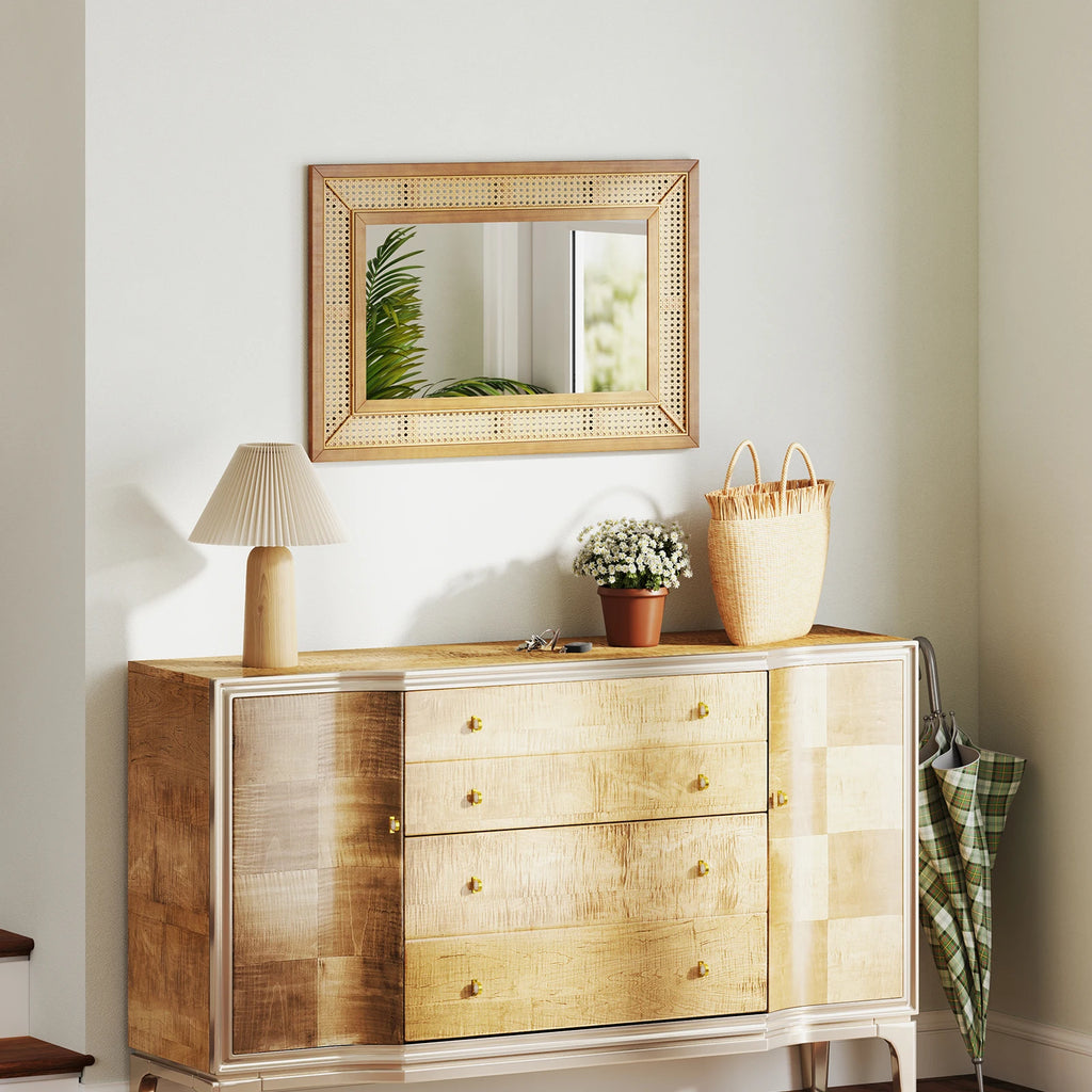 Miroir rotin rectangulaire crochets intégrés