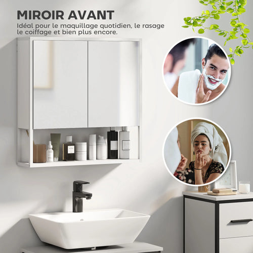 Armoire Murale Blanche 2 Portes Miroir Étagère Ouverte
