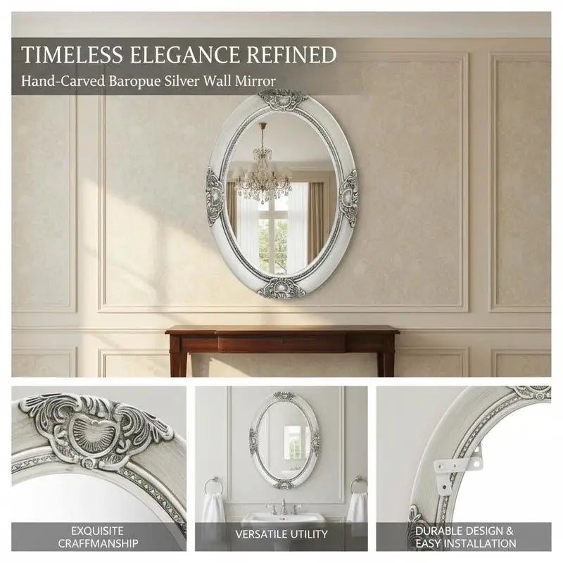 Miroir baroque ovale argenté bois