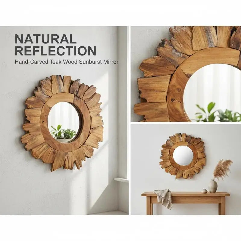 Miroir rond teck cadre pétales