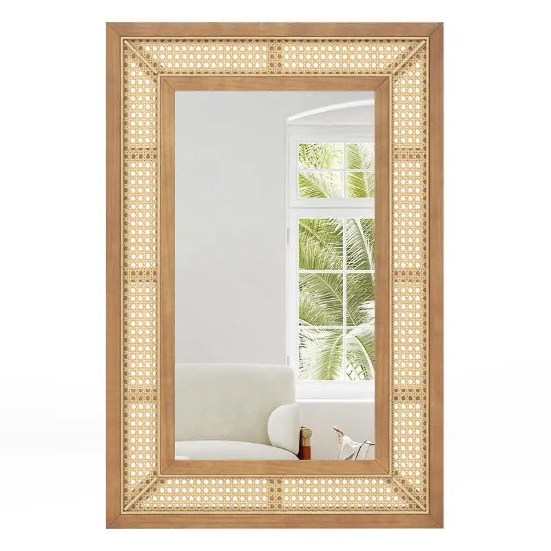 Miroir rotin rectangulaire crochets intégrés