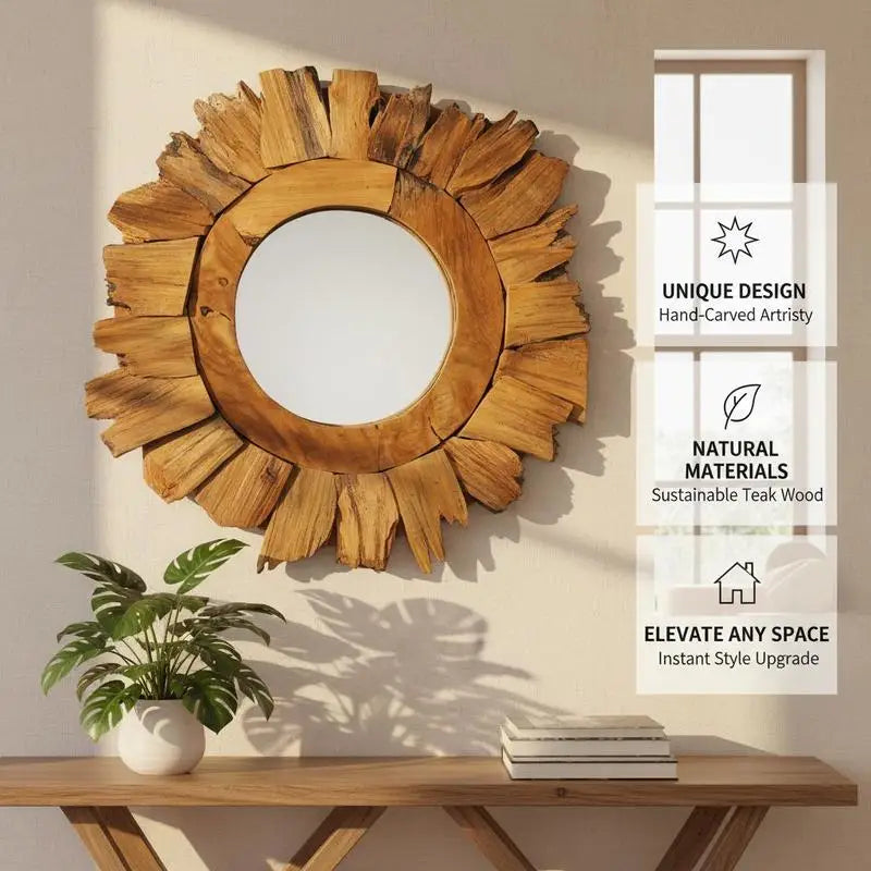 Miroir rond teck cadre pétales