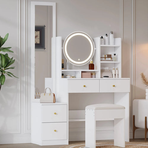 Coiffeuse 4-en-1 Miroir LED Pleine Longueur 4 Tiroirs Tabouret