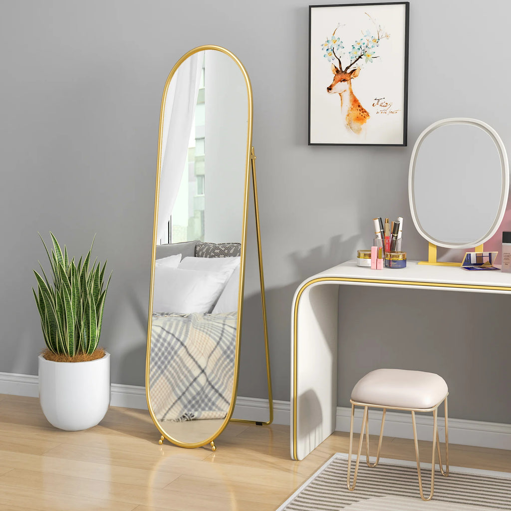 Grand miroir sur pied ovale doré