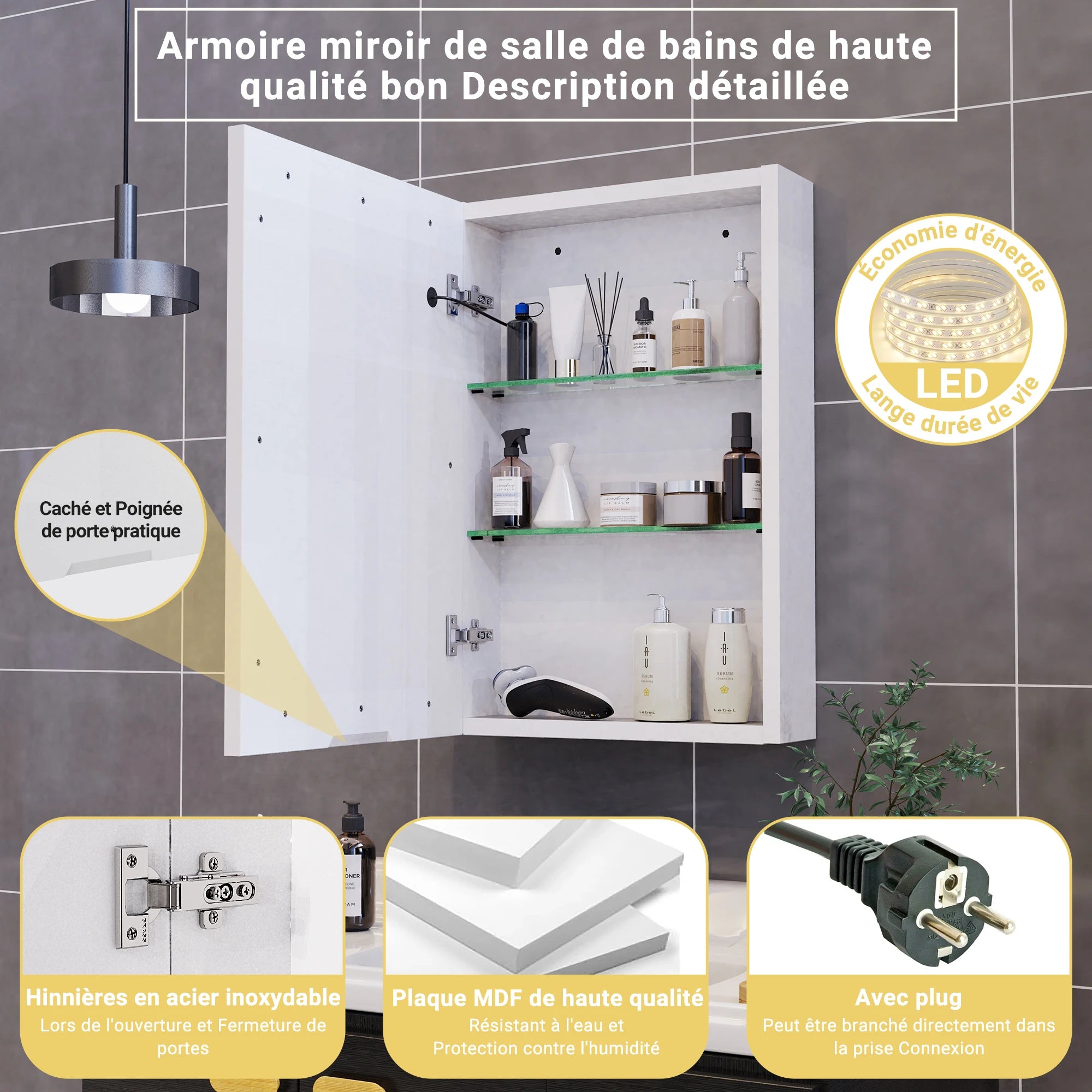 Armoire de toilette LED ajustable blanche