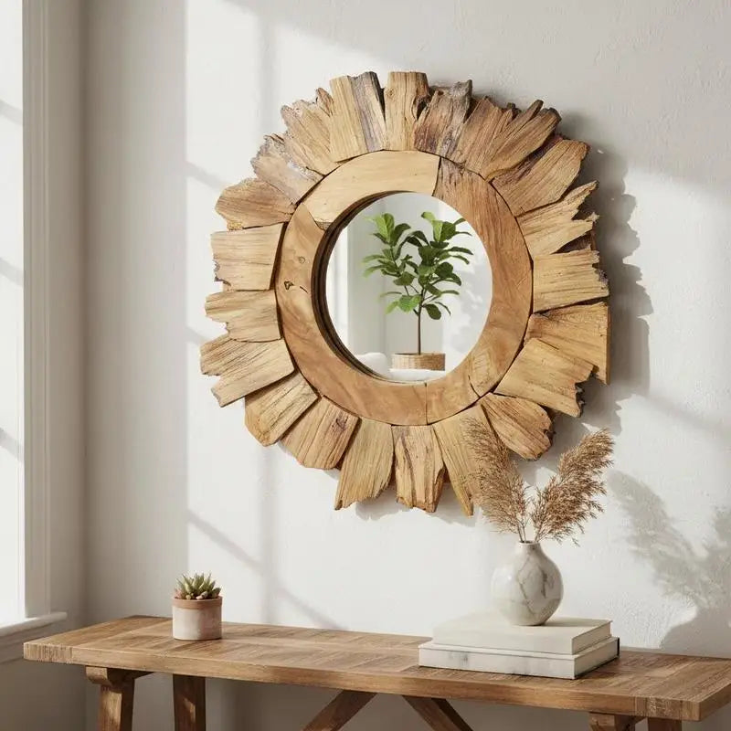 Miroir rond teck cadre pétales