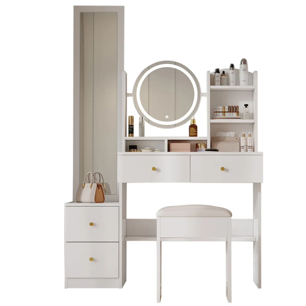 Coiffeuse blanche 4-en-1 miroir LED