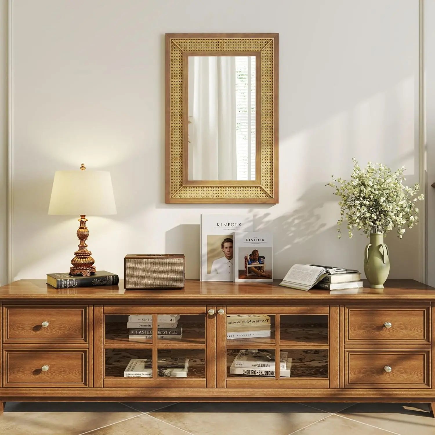 Miroir rotin rectangulaire bois naturel