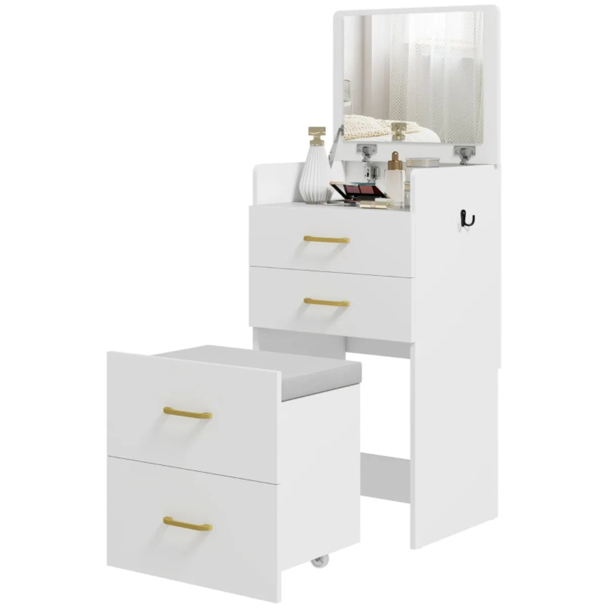 Coiffeuse blanche 3-en-1 avec tabouret