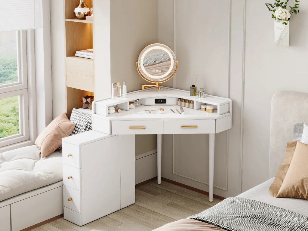 Coiffeuse d'angle blanche miroir LED