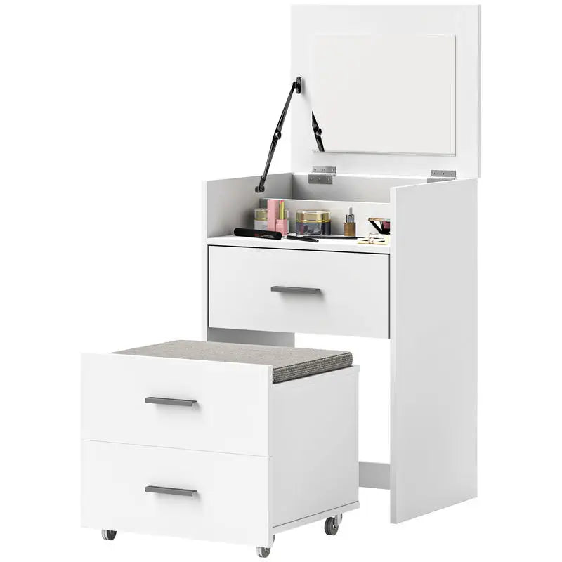 Coiffeuse blanche miroir rabattable