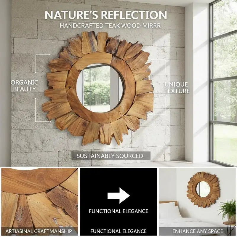 Miroir rond teck cadre pétales