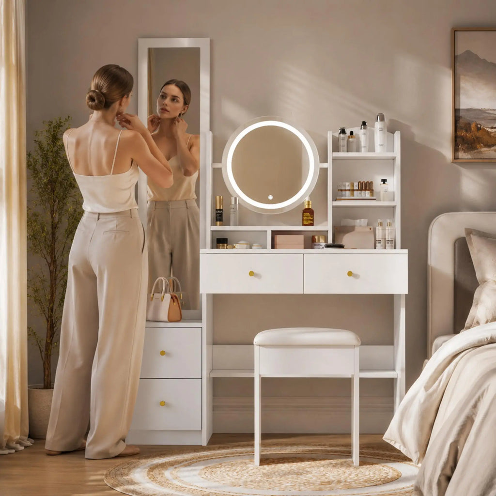 Coiffeuse blanche 4-en-1 miroir LED