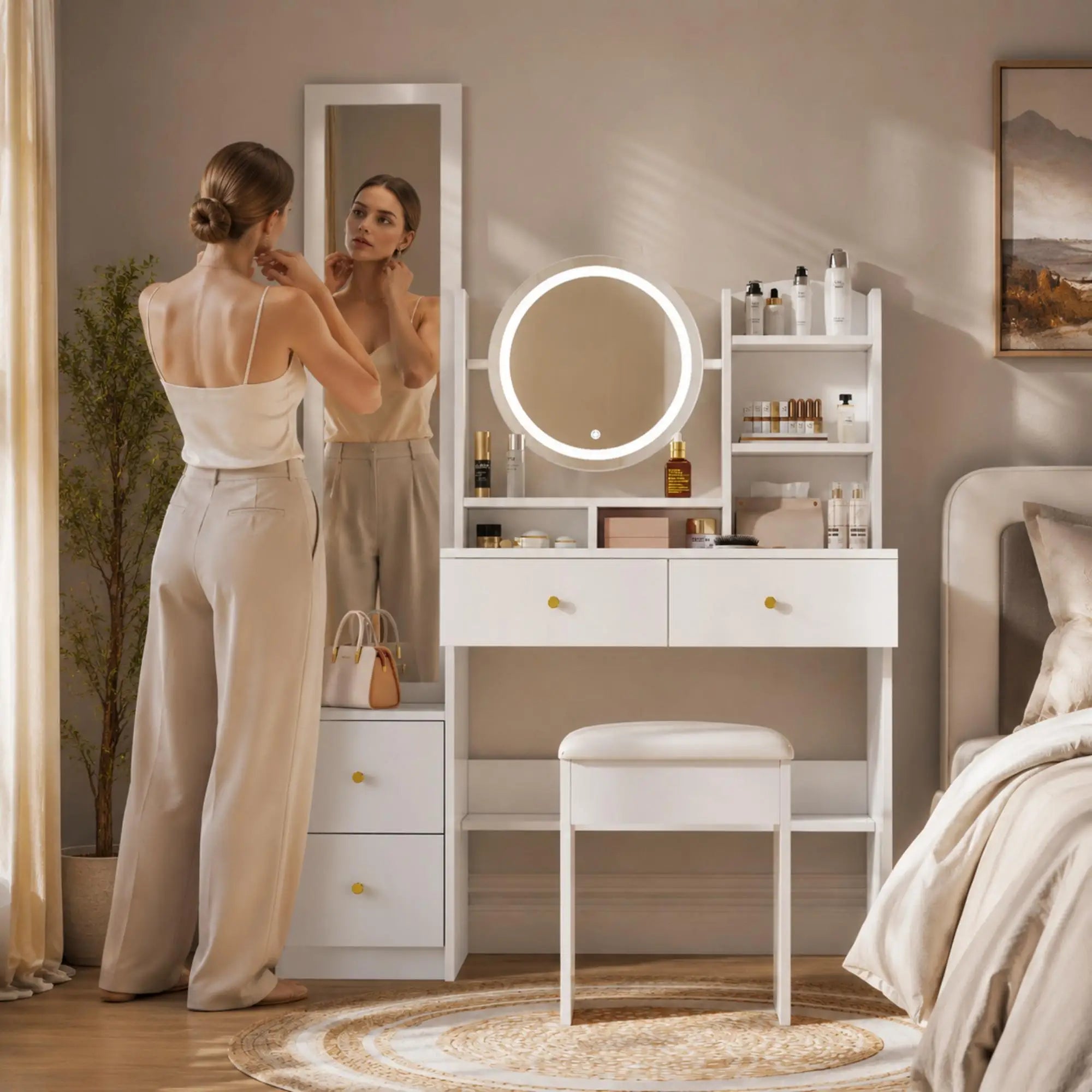 Coiffeuse blanche 4-en-1 miroir LED