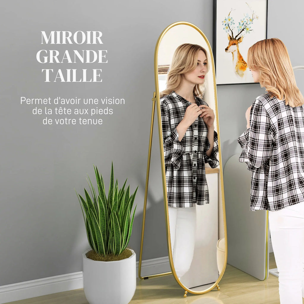 Grand miroir sur pied ovale doré