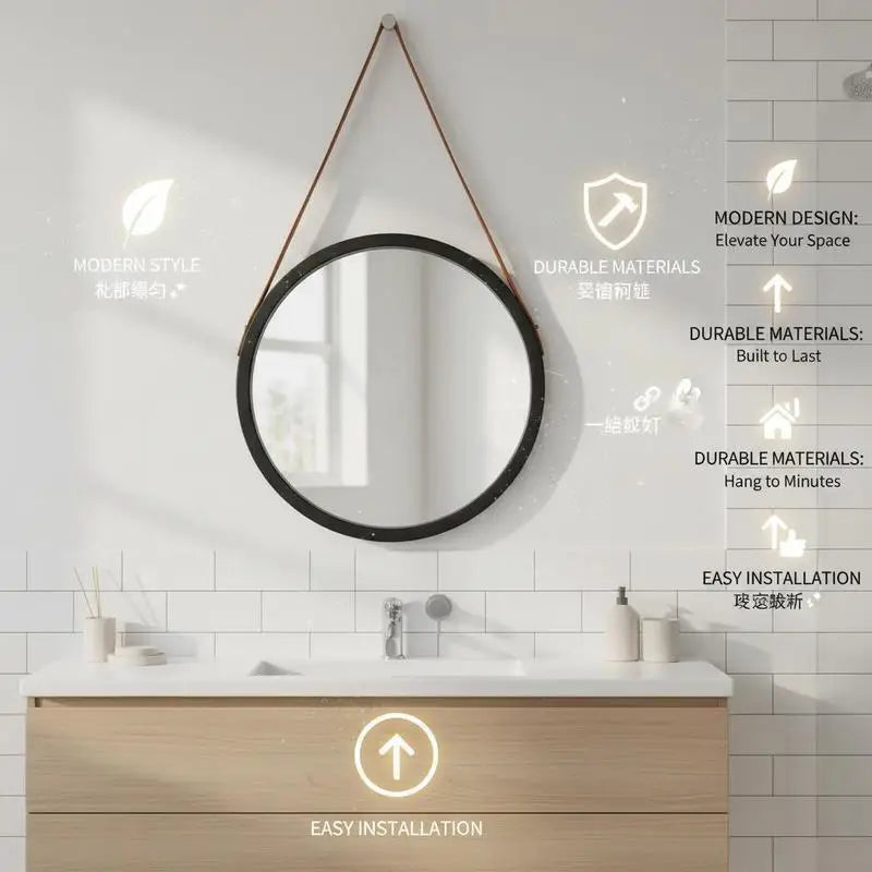 Miroir rond sangle cuir vintage