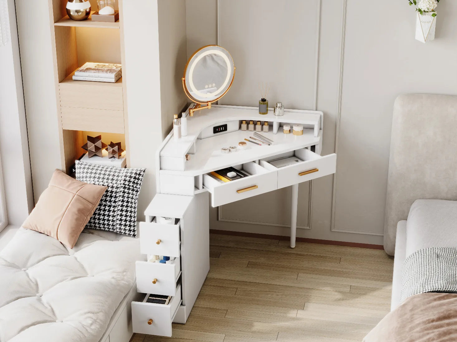 Coiffeuse d'angle blanche miroir LED